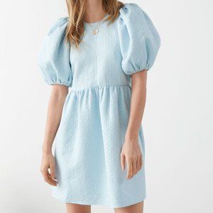 & Other Stories Jacquard Mini Gathered Dress with Puff Sleeves Size Large NWOT